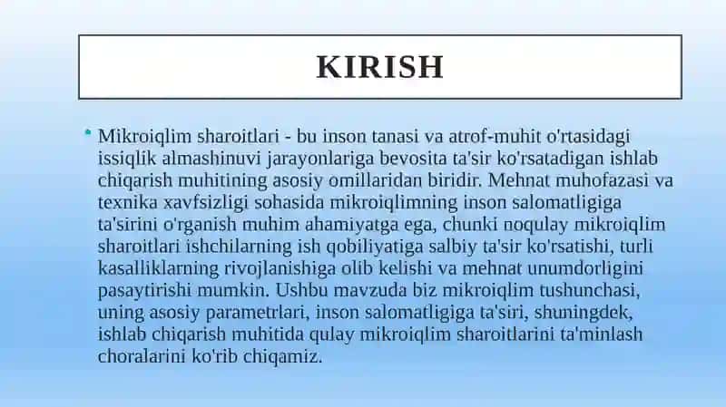 INSON SALOMATLIGINI MIKROIQLIM SHAROITLARI BILAN BOG'LIQLIGI HAQIDA TUSHUNCHA 2