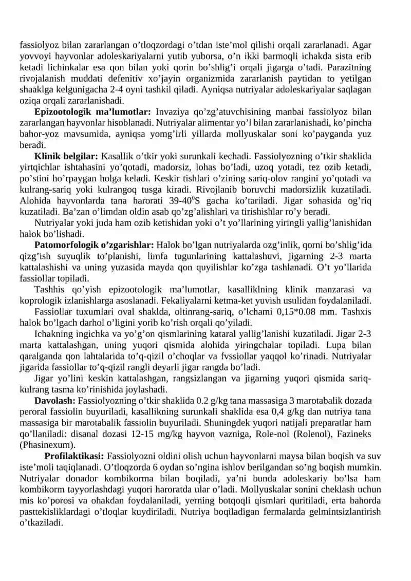 Amaliy mashg’ulot № 18. Ekzotik va dekorativ hayvonlarda fassiolyoz va kasalligiga diagnoz qo‘yish, davolash va oldini olish chora-tadbirlari 2