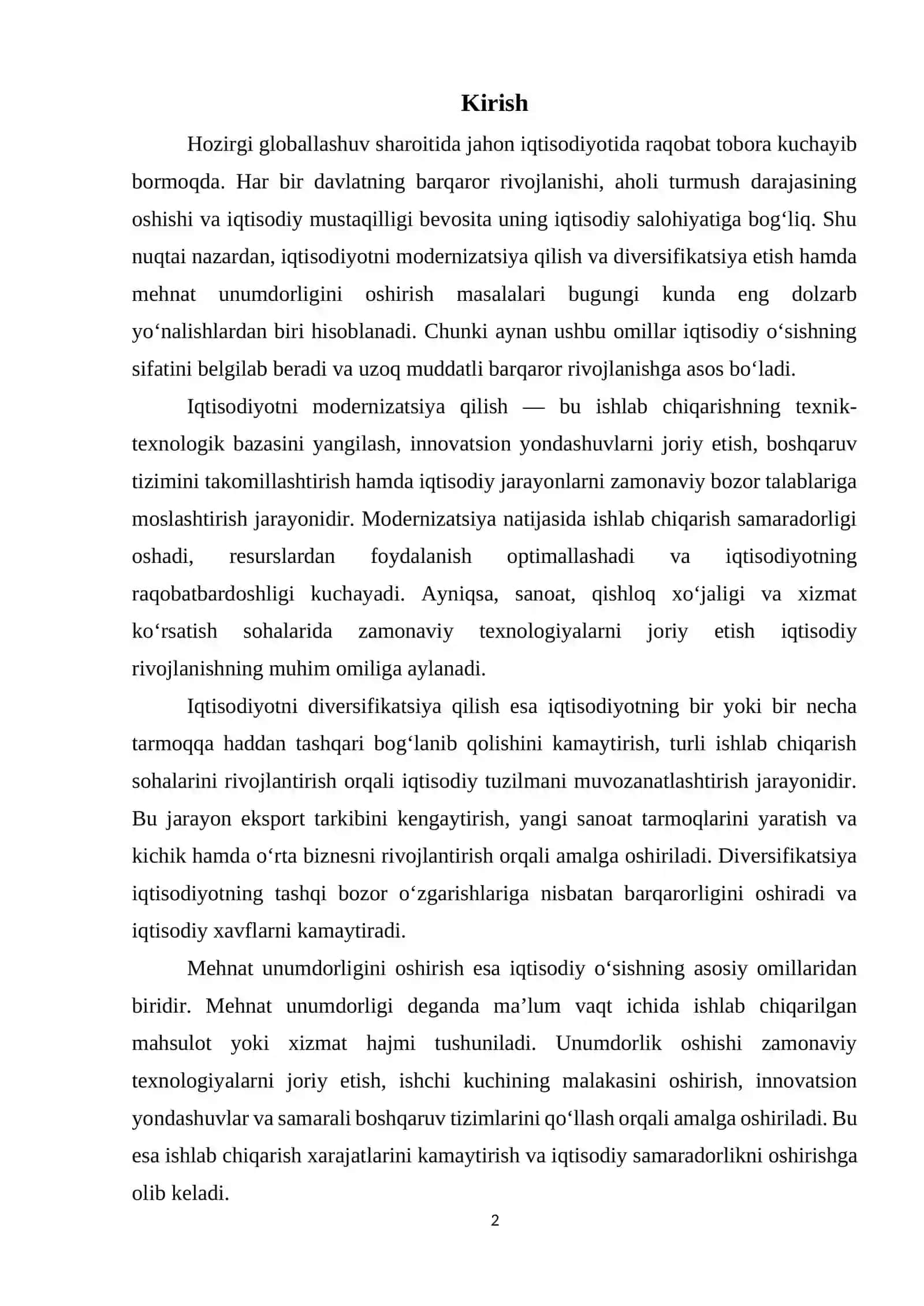 Iqtisodiyotni modernizatsiya va diversifikatsiya qilish, mehnat unumdorligini oshirish orqali yuqori iqtisodiy oʻsishni taminlash omillari 2