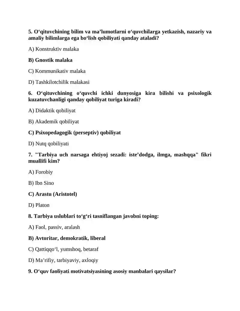 Pedagogik Psixologiya va Yosh Davrlari Psixologiyasi: Test Savollari 2