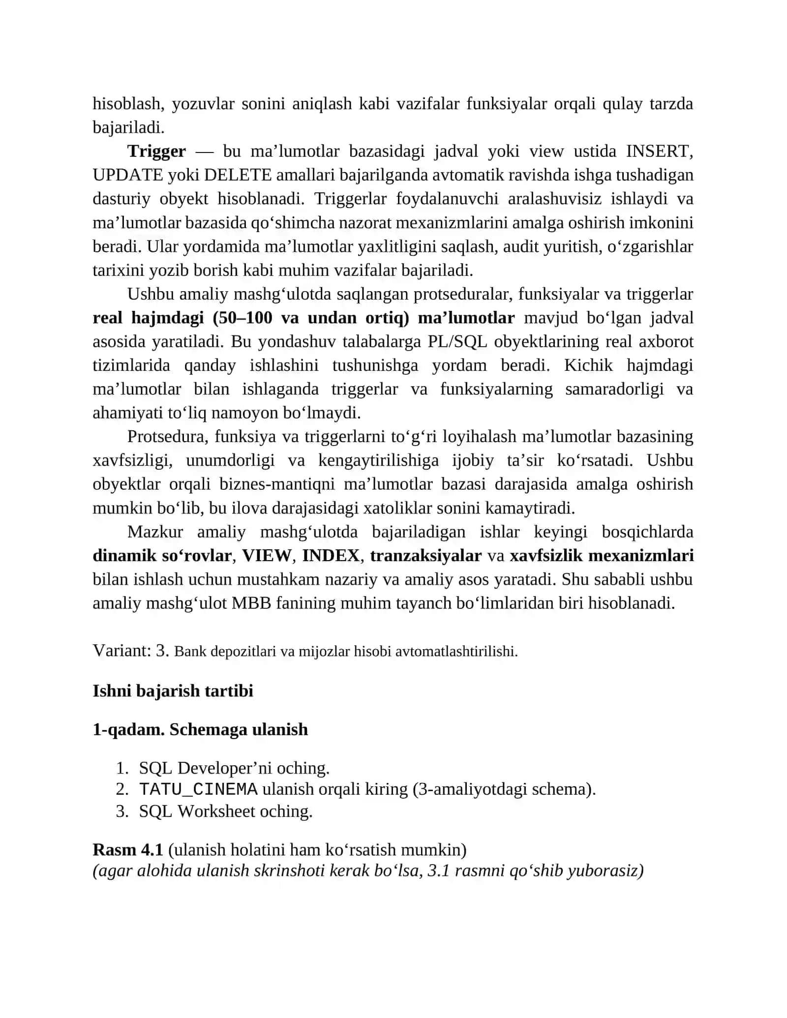 Saqlangan protseduralar, funksiyalar va triggerlar yaratish va ular bilan ishlash 2