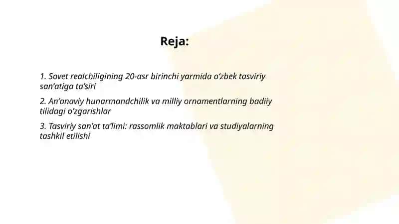 20 asr birinchi yarmida oʻzbek tasviriy sanʼatida sodir boʻlgan ozgarishlar 2