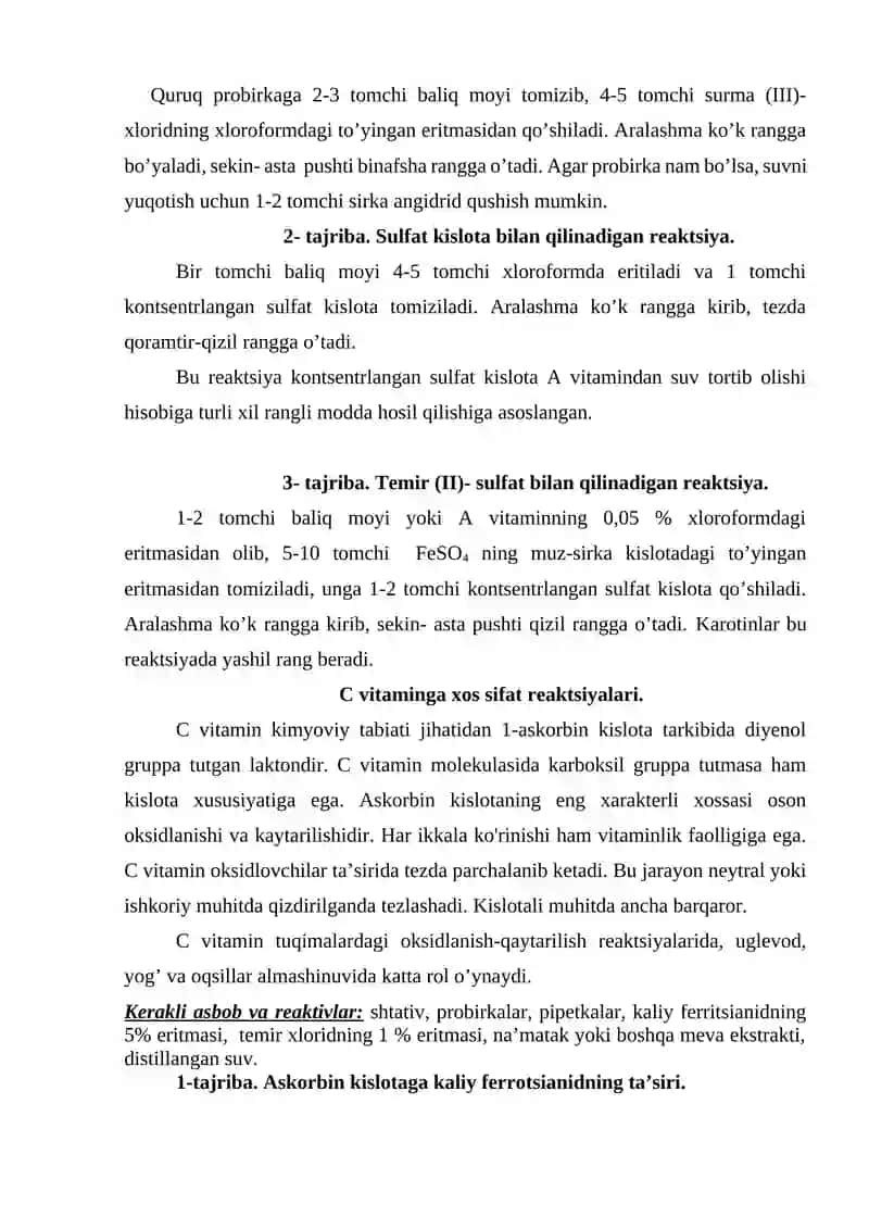 12-Laboratoriya ishi: Suvda va yog’da eriydigan reaksiyalarga xos sifat reaksiyalari 2