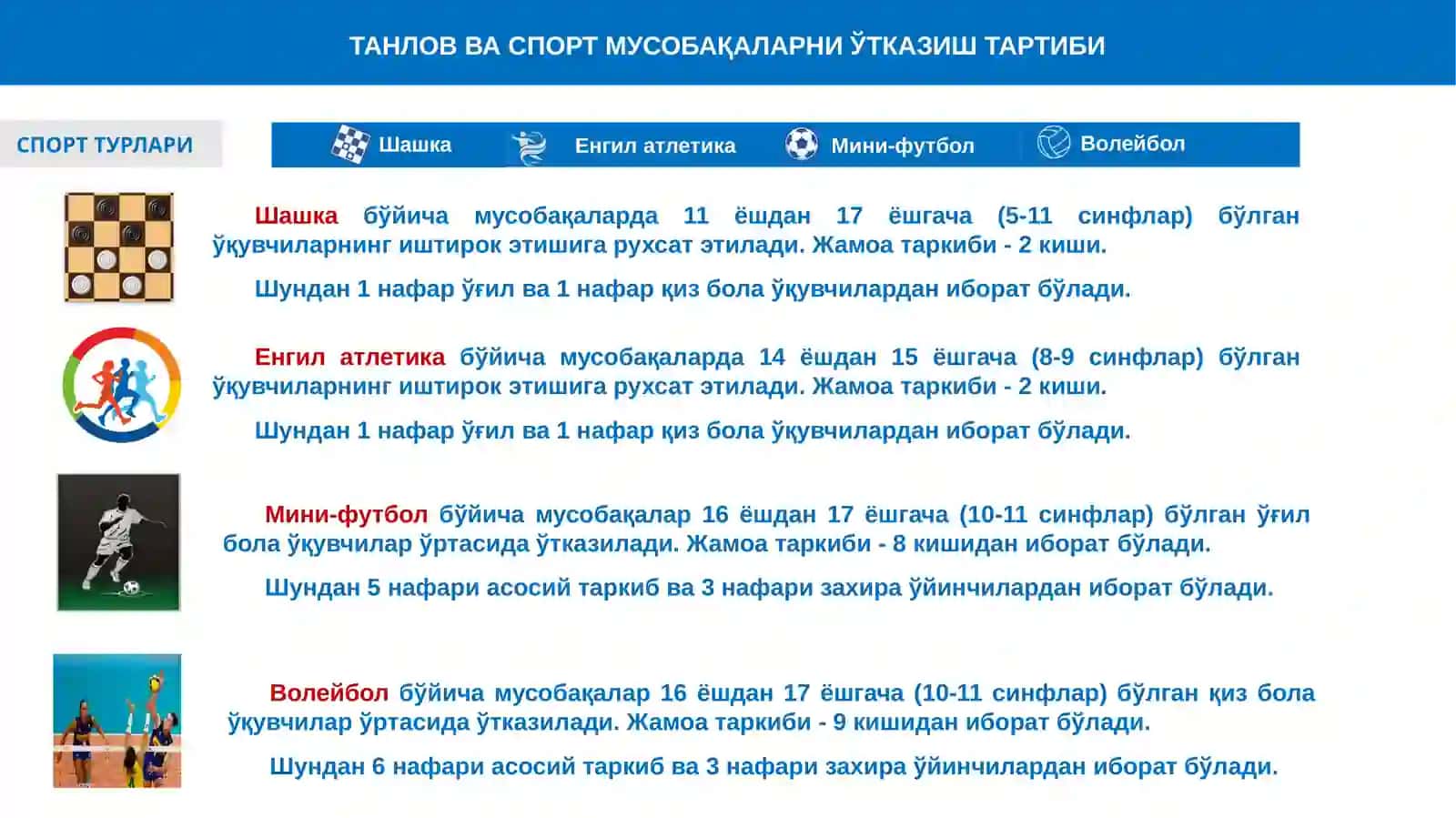 “Бешташаббусолимпиадаси” доирасида танлов ва спорт мусобақаларини ўтказиш тартиби ҳамда низоми 2