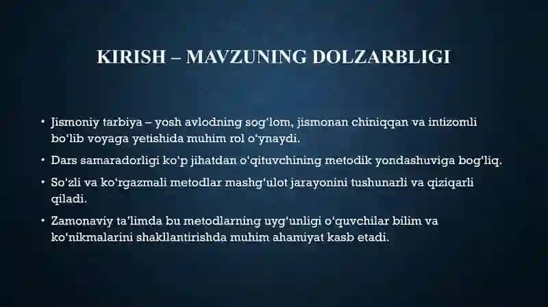 Jismoniy tarbiyaning so`zdan foydalanish va ko`rgazmali metodlari mavzusi uchun slayd 2