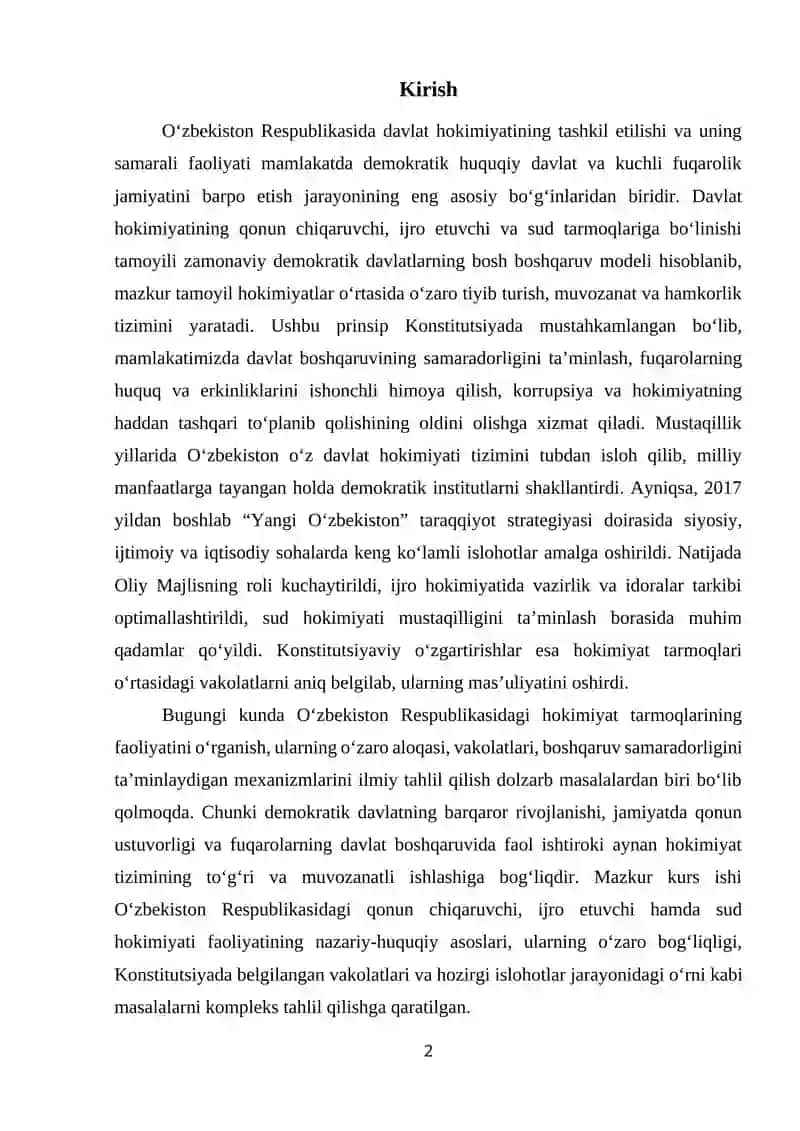 O‘ZBEKISTON RESPUBLIKASIDA MAVJUD BOSHQARUV HOKIMIYATI (QONUN CHIQARUVCHI, IJRO ETUVCHI, SUD HOKIMIYATI) FAOLIYATI 2