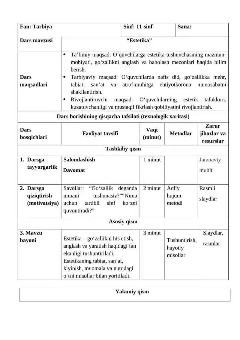 "Estetika"
mavzusidagi


MIKRODARS ISHLANMASI 11-sinf 2