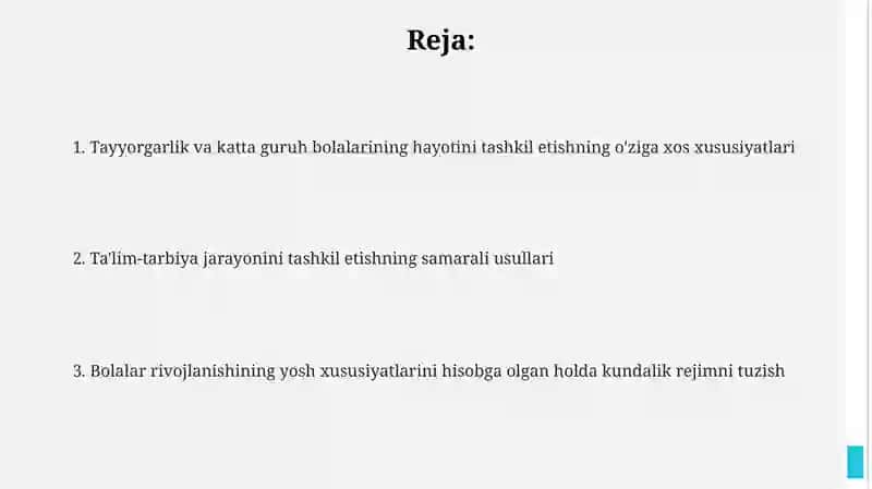 Tayyorgarlik va katta guruh bolalarining hayotini tashkil etishning o'ziga xos xususiyatlari 2