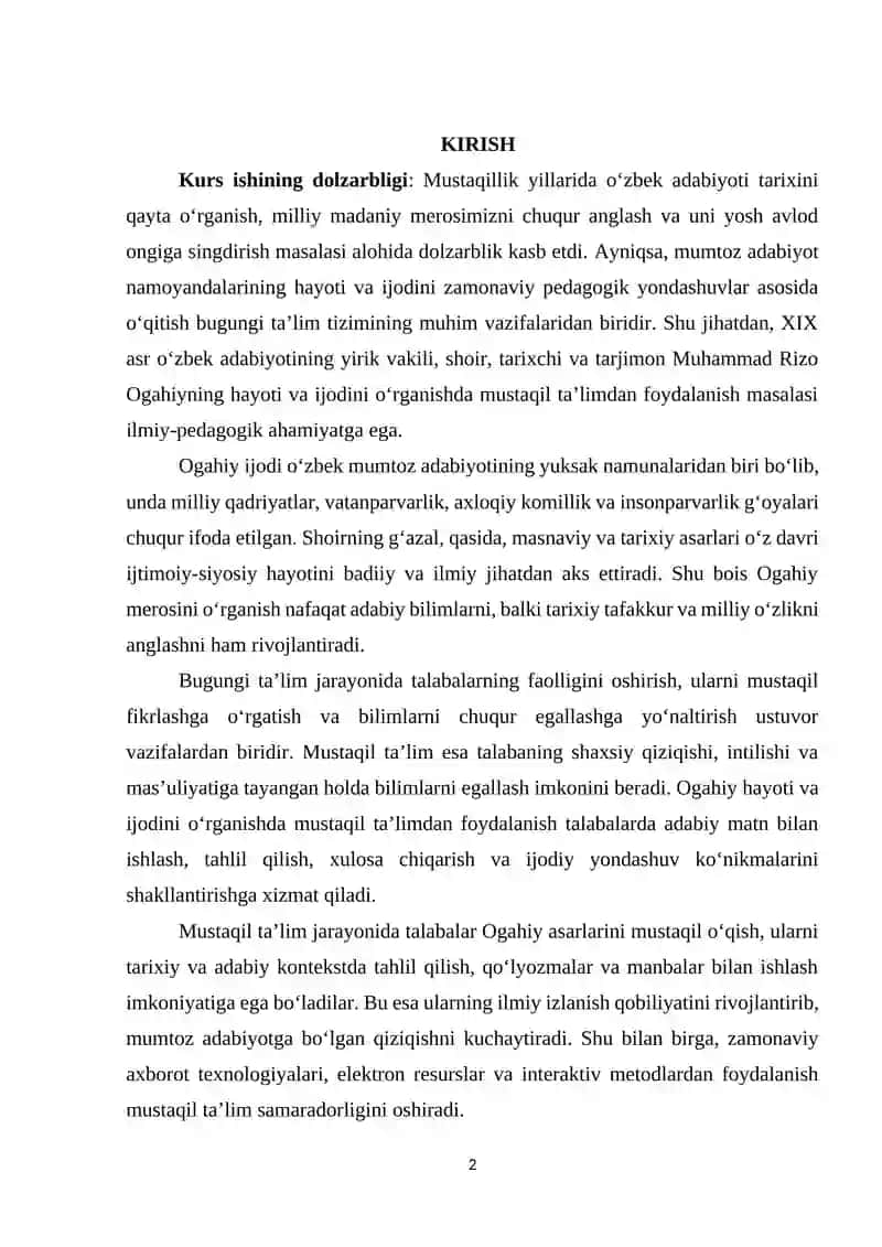 Ogahiy hayoti va ijodini o‘rganishda mustaqil ta’limdan foydalanish 2