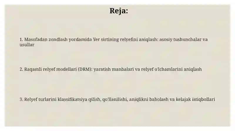 Masofadan zondlash yordamida Yer yuzasi relyefini ularning o'lchamlarini va tiplarini aniqlash 2