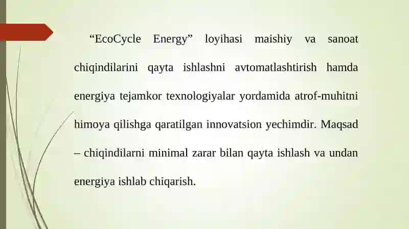 Chiqindilarni qayta ishlash va energiya tejamkor texnologiyalarni joriy etish 2
