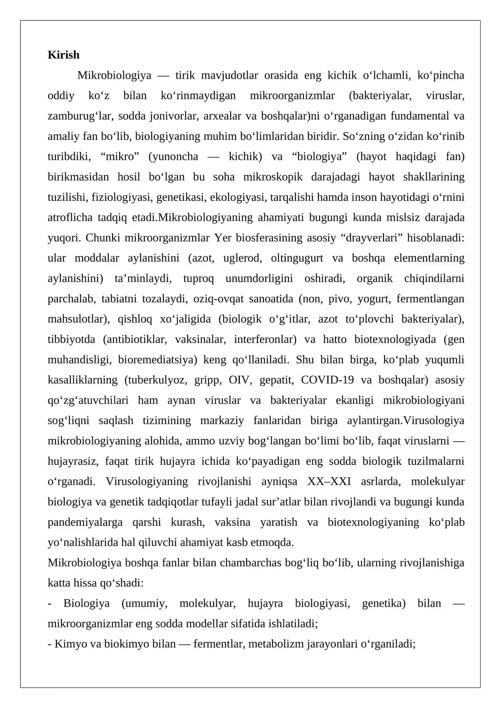 Mikrobiologiya fanining ahamiyati va uning boshqa fanlar bilan o'zaro munosabati 2