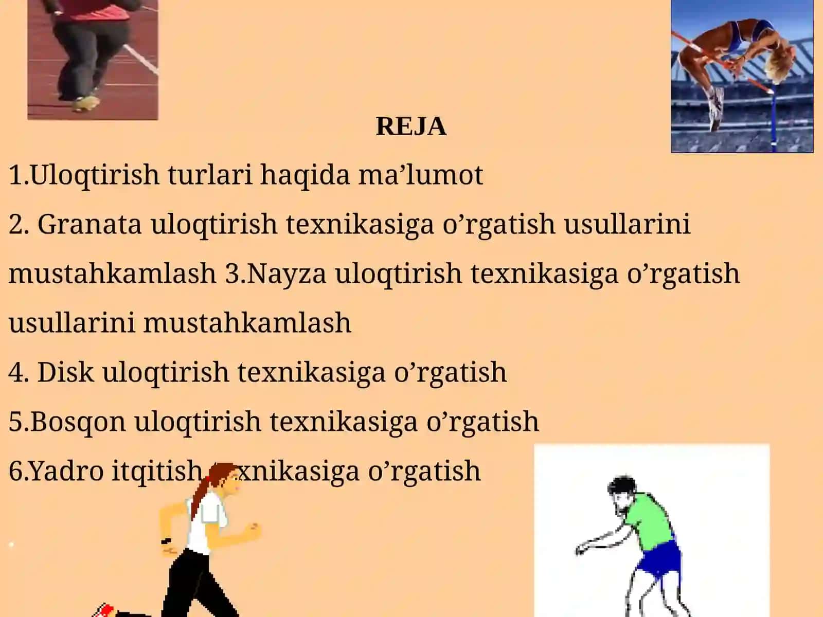 Ulоqtirish tехnikаsini tahlili va аsоslаri, IААF ning “Bоlаlаr yengil аtlеtikа musоbаqаlаri” dasturi, Sоg’lоmlаshtirish yo’nаlishidаgi yengil аtlеtikа mаshg’ulоtlаrini tashkil etish аsоslаri 2