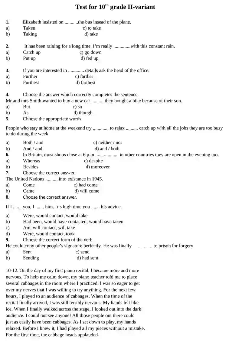 Test for 10th grade I-variant 2