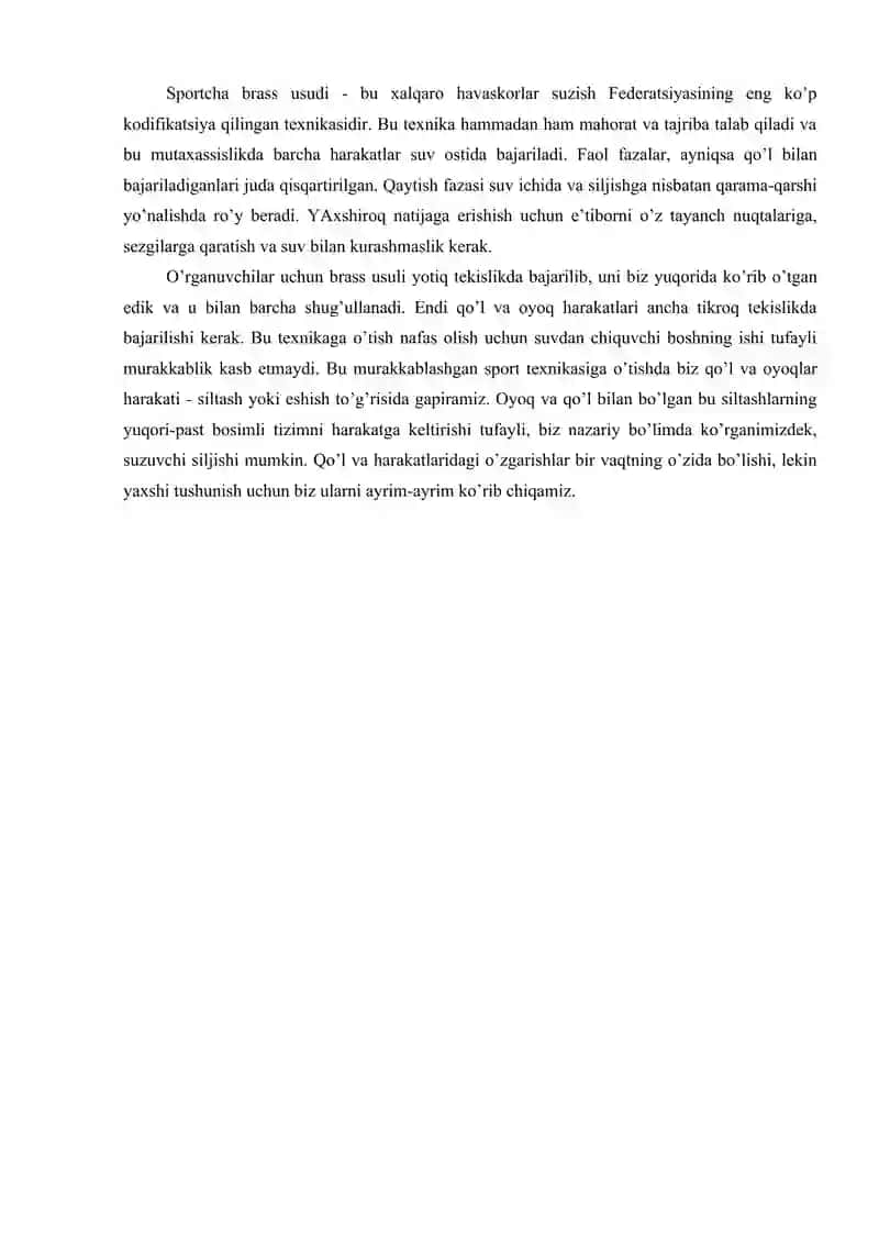 Brass usulida suzish texnikasini takomillashtirish. 2