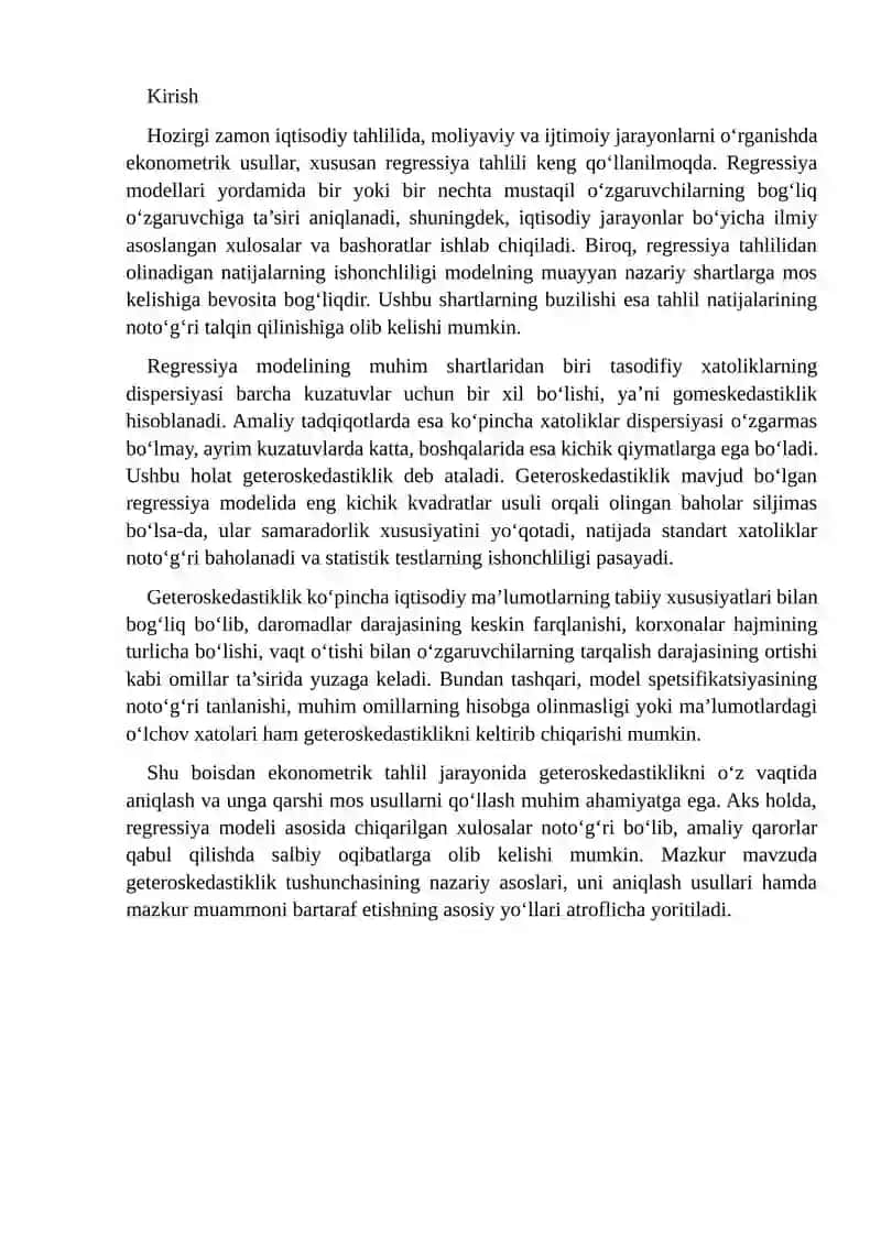 Geteroskedastilik tushunchasi va unga qarshi kurash usullari 2