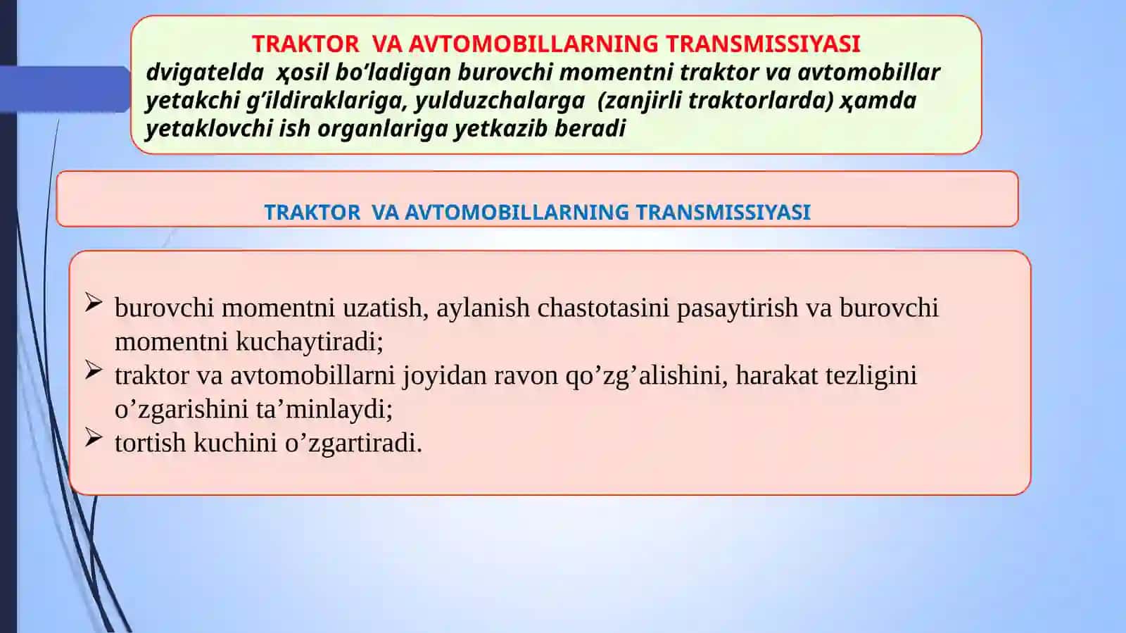 Traktor va Avtomobillarni Kuch Uzatish Qismi 2