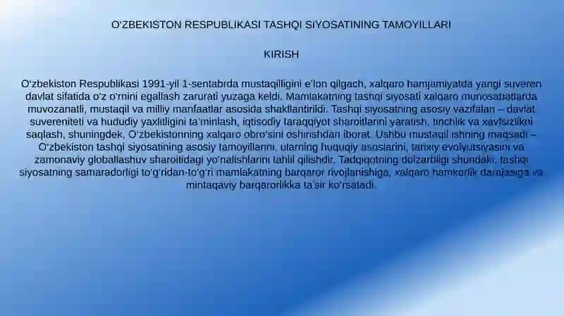 O'ZBEKISTON RESPUBLIKASI TASHQI SIYOSATINING ASOSIY TAMOYILLARI VA ULARNING AMALIY AHAMIYATI 2