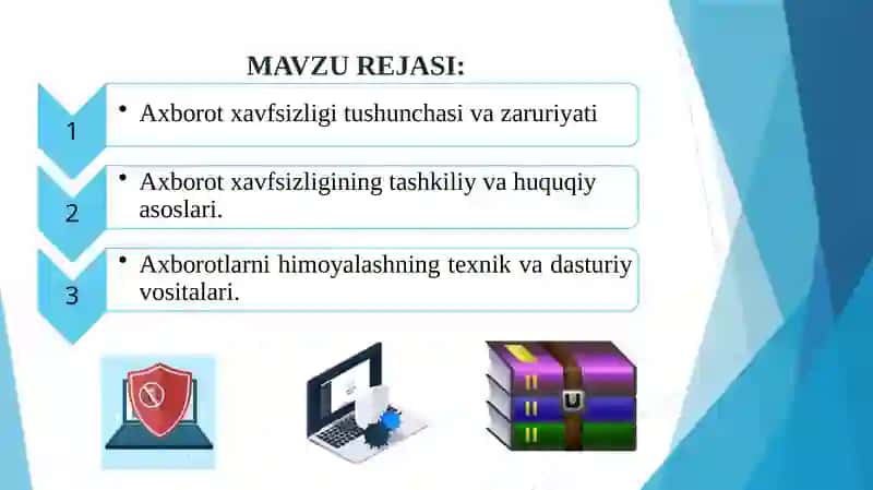 Adabiyotlar: N.X.Shoaxmedova,I.M.Abdullayeva.Iqtisodiyotdaaxborot-kommunikatsiontexnologiyalarvatizimlar:Darslik 2