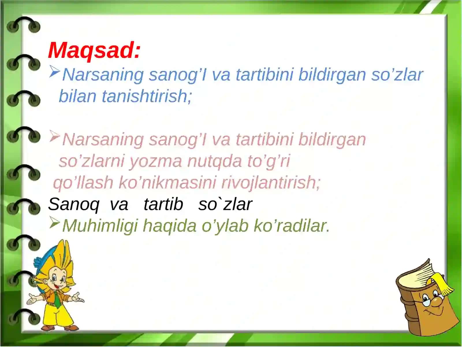 Narsaning sanog’i  va tartibini bildirgan so’zlar 2