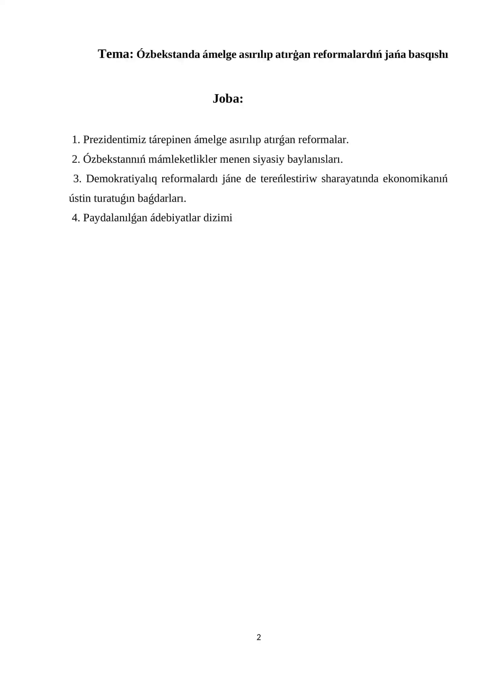 Ózbekstanda ámelge asırılıp atırġan reformalardıń jańa basqıshı 2