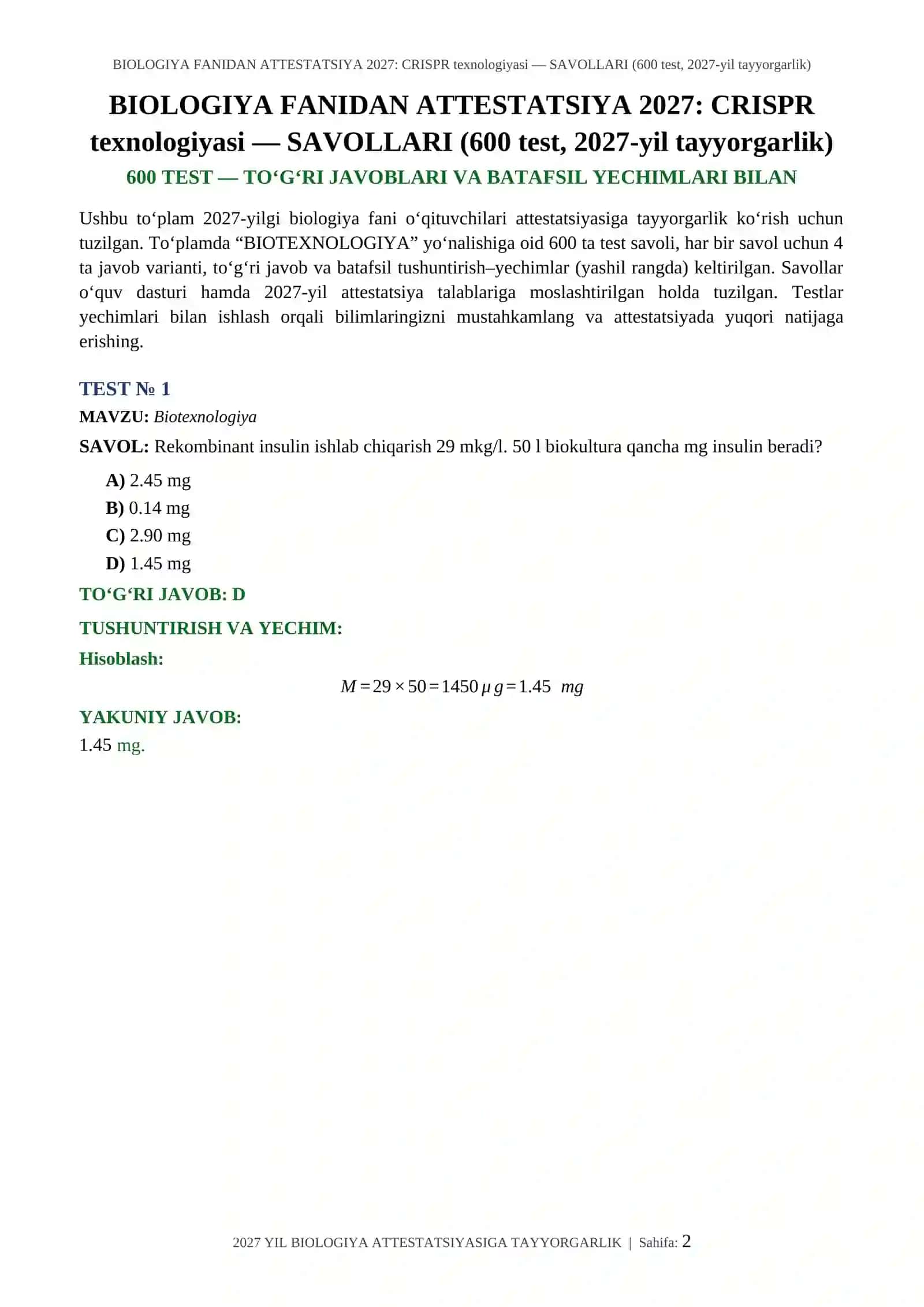BIOLOGIYA FANIDAN ATTESTATSIYA 2027: CRISPR texnologiyasi — SAVOLLARI (600 test, 2027-yil tayyorgarlik) 2