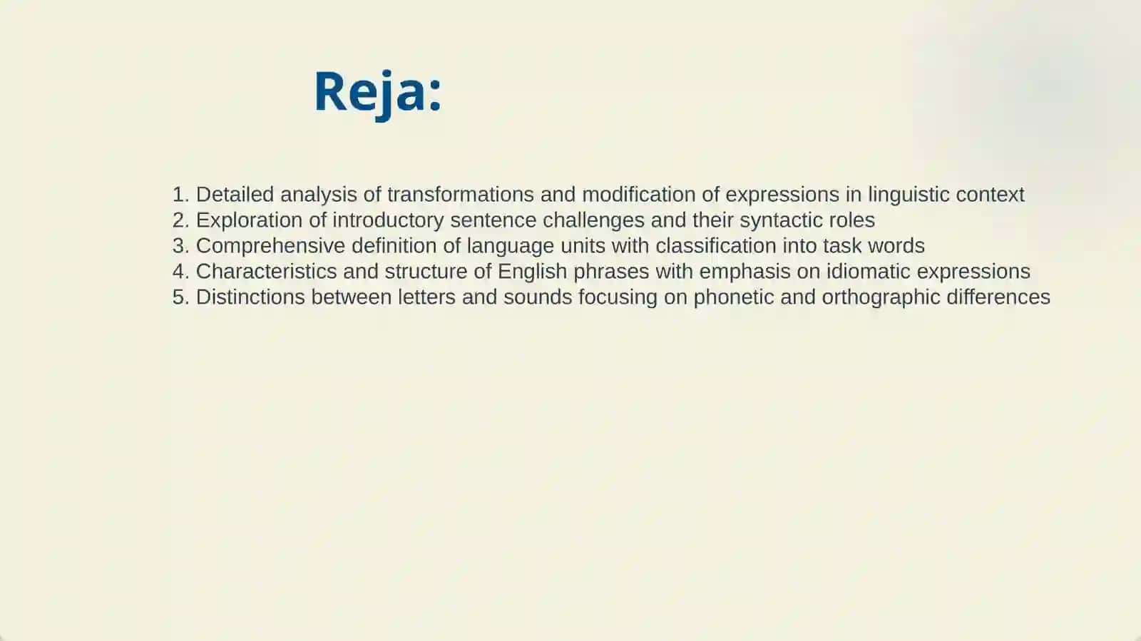 TRANSFORMATSIYALAR VA IBORALARNING MODIFIKATSIYASI. BOSHLOVCHI GAPLAR MUAMMOSI. TIL BIRLIKLARI TUSHUNCHASI VA UNING VAZIFA SO'ZLARIGA BO'LINISHI. INGLIZ TILIDA IBORALAR VA ULARNINING XUSUSIYATLARI. HARFLAR VA TOVUSHLAR O'RTASIDAGI FARQLAR 2