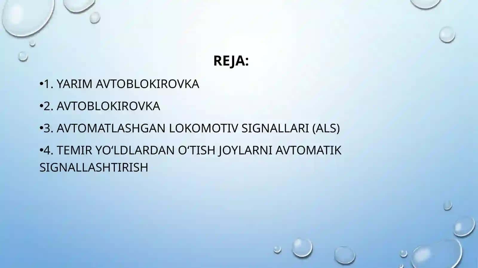 AVTOMATIK VA YARIM AVTOMATIK YO‘L BLOKIROVKASI. SIGNAL VA STRELKALARNI ELEKTR MARKAZLASHTIRISH. AVTOMATIK LOKOMOTIV SIGNALIZATSIYASI VAAVTOSTOP 2