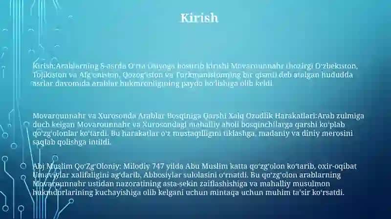 Movarounnahr Va Xurosonda Arablar Bosqiniga Qarshi Xalq Ozodlik Harakatlari.Abj Muslim QoʻZgʻOloni Xudarganov🦅 2