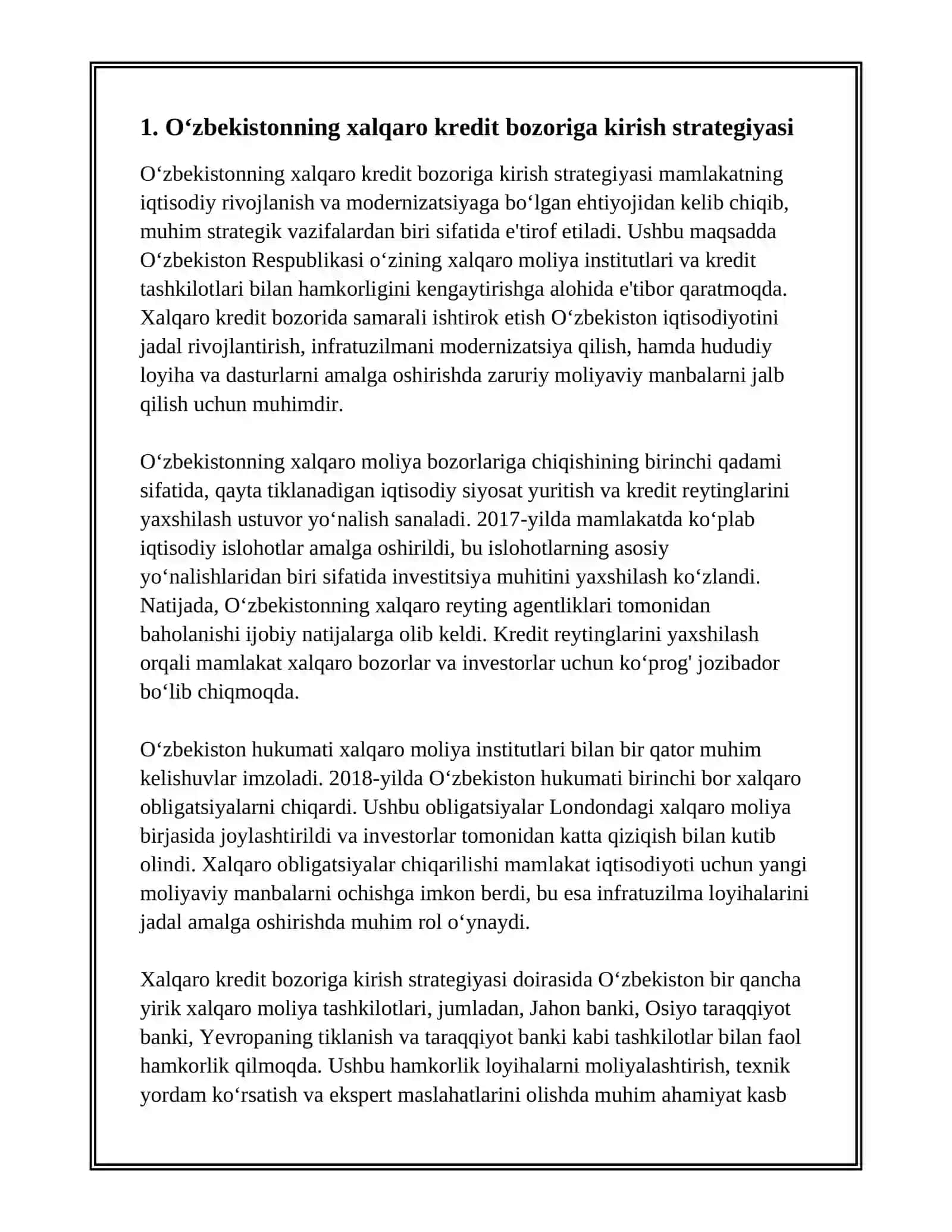 O‘ZBEKISTONNING XALQARO KREDIT BOZORIDAGI SAMARALI ISHTIROK ETISHI 2
