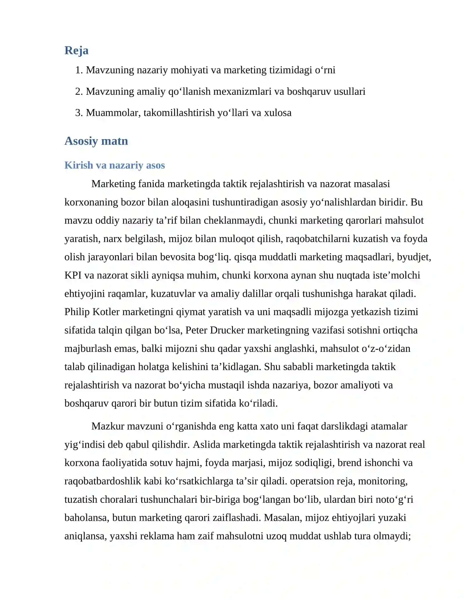 Marketingda taktik rejalashtirish va nazorat 2