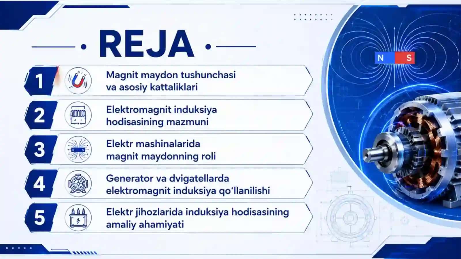 Magnit maydon va elektromagnit induksiya elektr mashinalari jihozlarida qo'llanishi 2