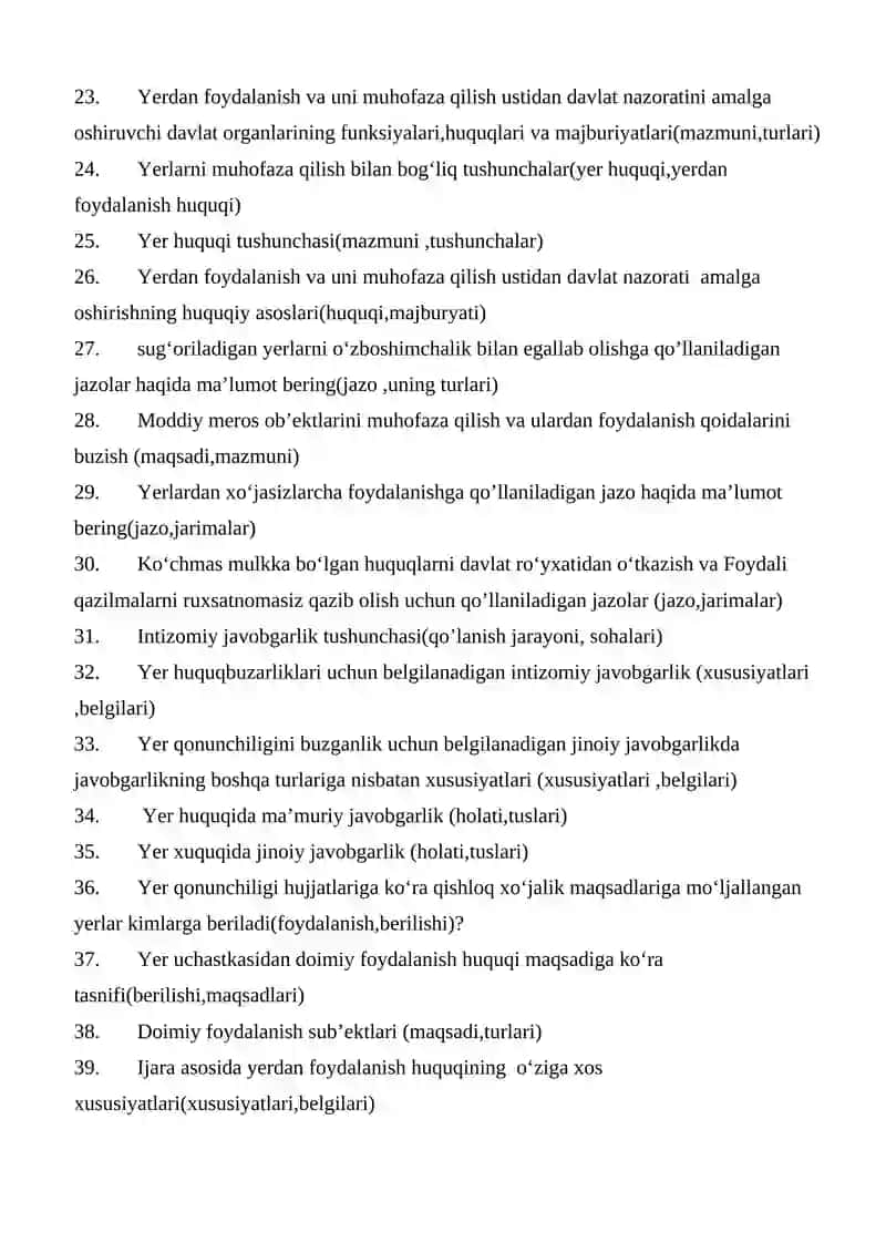 Yer huquqi fanidan yakuniy savollar 2