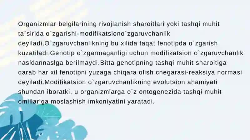 Modifikatsion o'zgaruvchanlikni statistik usulda o’rganishga oid masala va mashqlar tuzish hamda yec 2