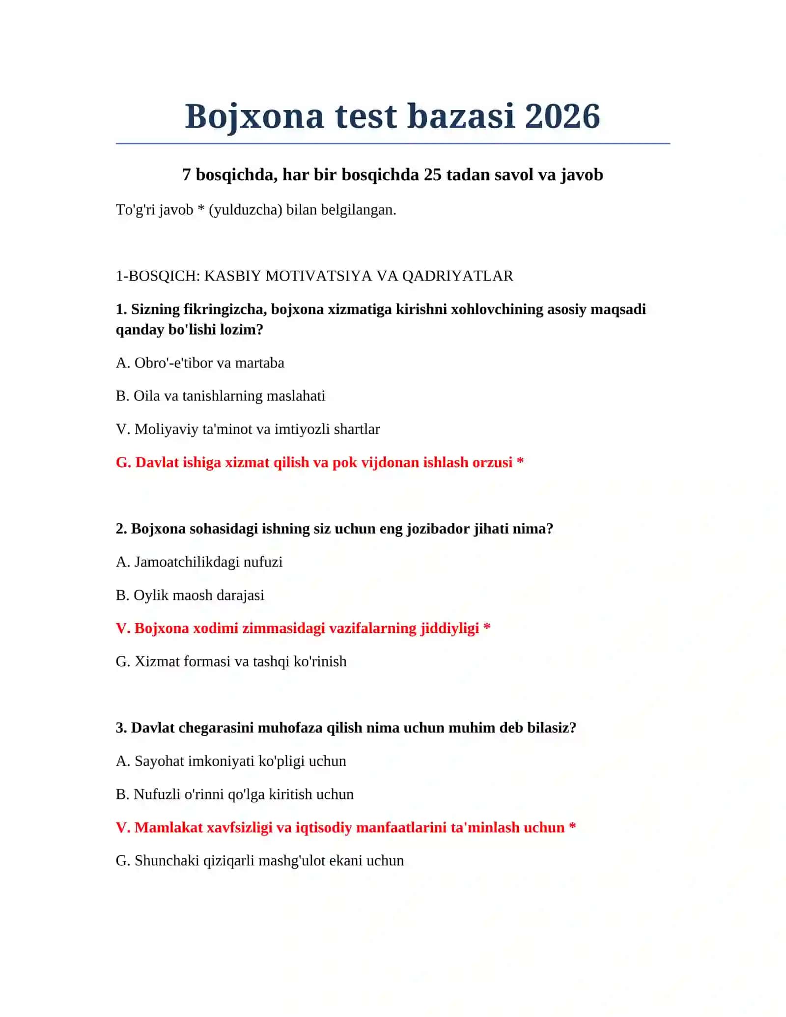 Bojxona test bazasi 2026 2