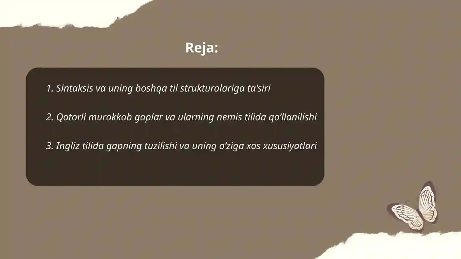 Dunyo tillarida sintaksisning oʻziga xos xususiyatlari (boshqa tillardan misollar keltiring) 2