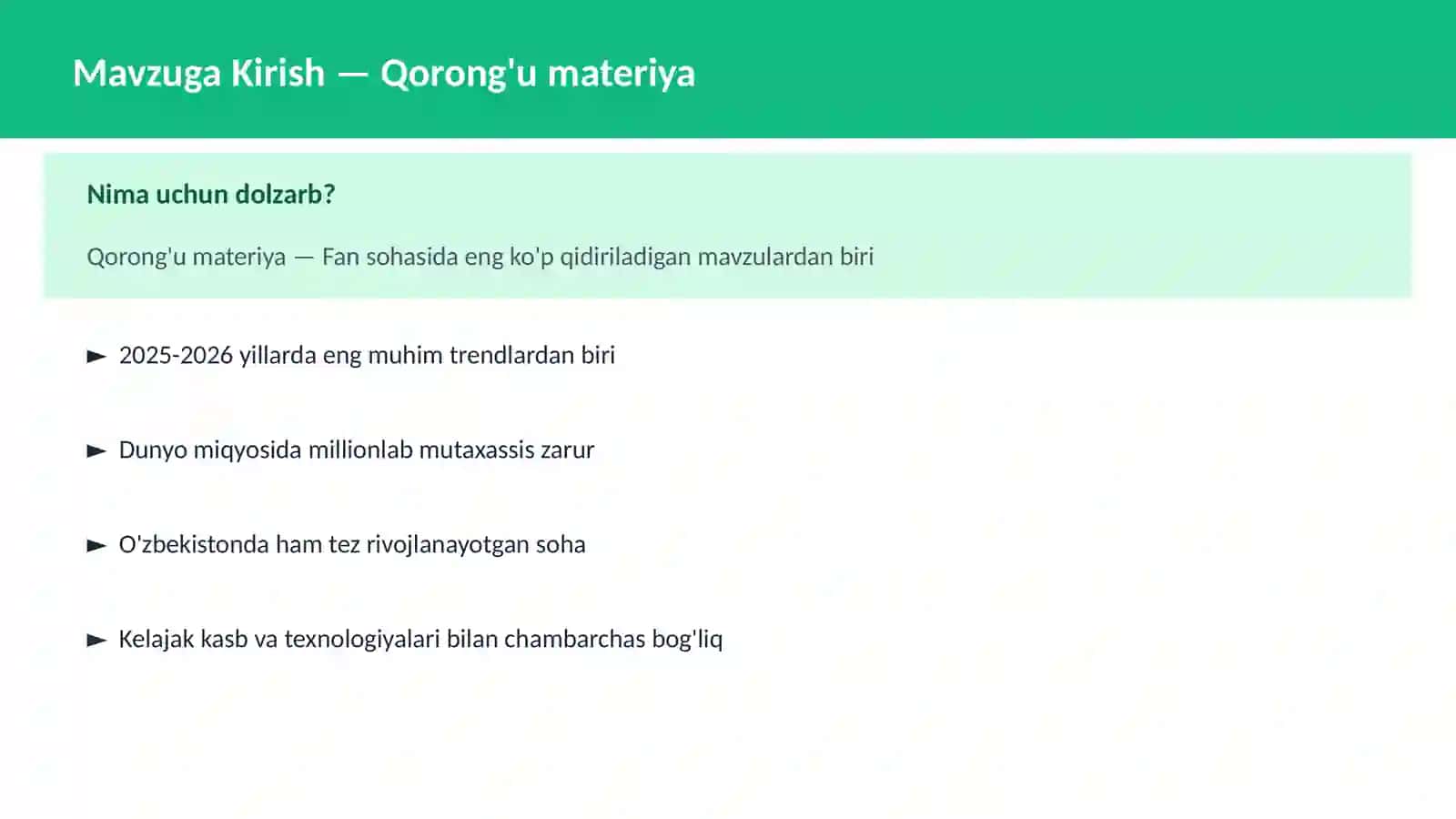 FAN | FIZIKA ZAMONAVIY Qorong'u materiya Zamonaviy va dolzarb bilimlar | 2025-2026 #002334 • TechGreen dizayn 2
