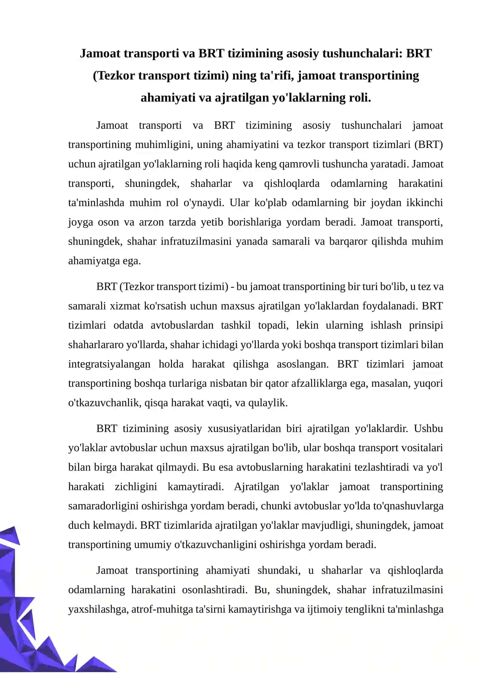 Jamoat transporti uchun ajratilgan yo'laklarning BRT umumiy o'tkazuvchanlikka ta'sirini baholash 2