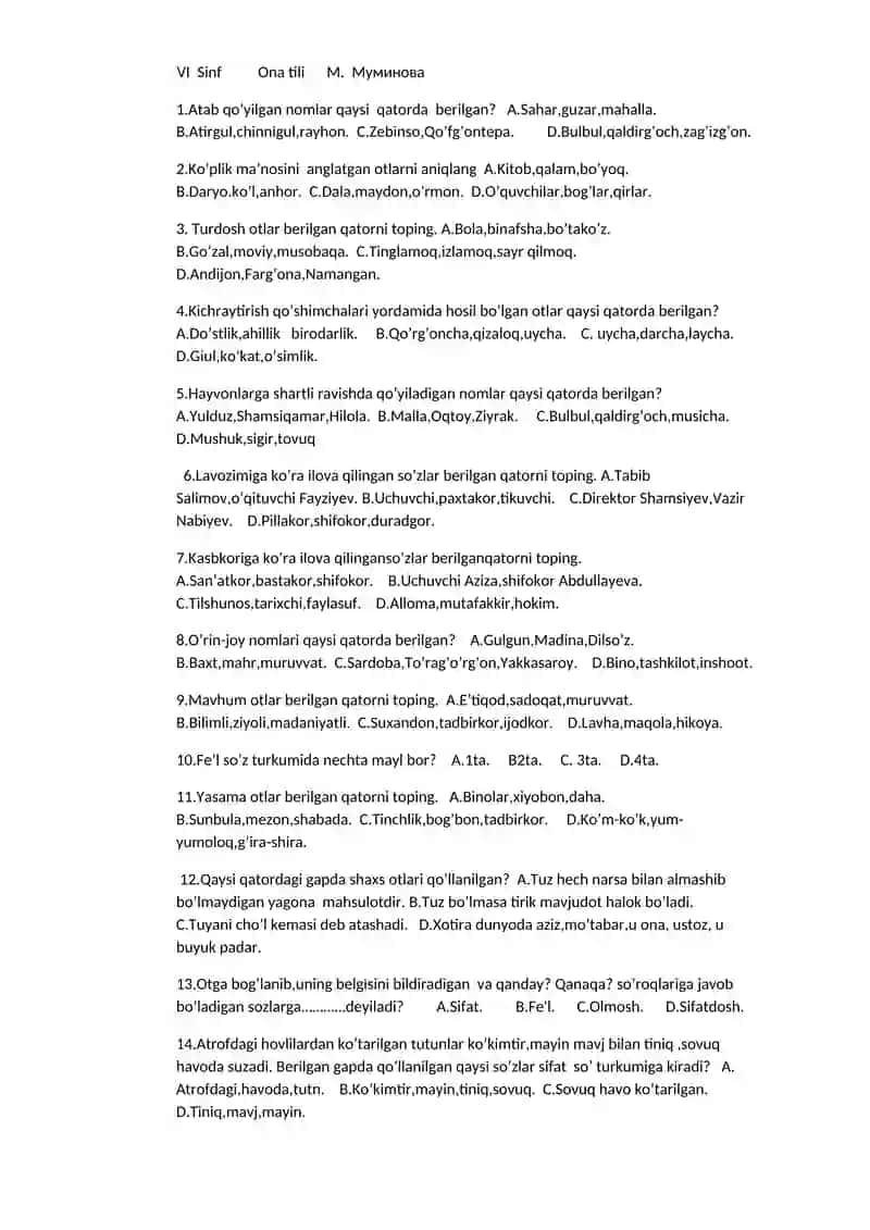 V Sinf. Ona tili. Yakuniy test. 2