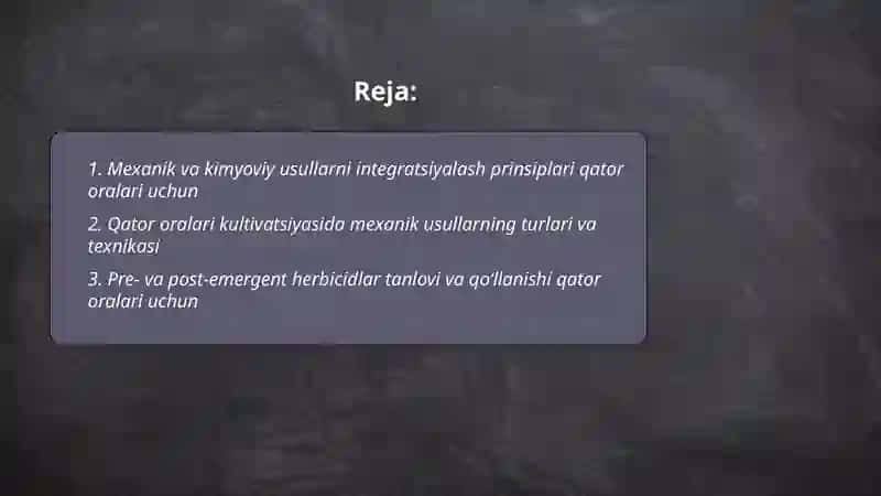 O'SIMLIK QATOR ORALARIDAGI BEGONA O'TLARNI YO'QOTISHDA MEXANIKAVIY VA KIMYOVIY USULLARNING BIRGALIKDA QO'LLASH 2