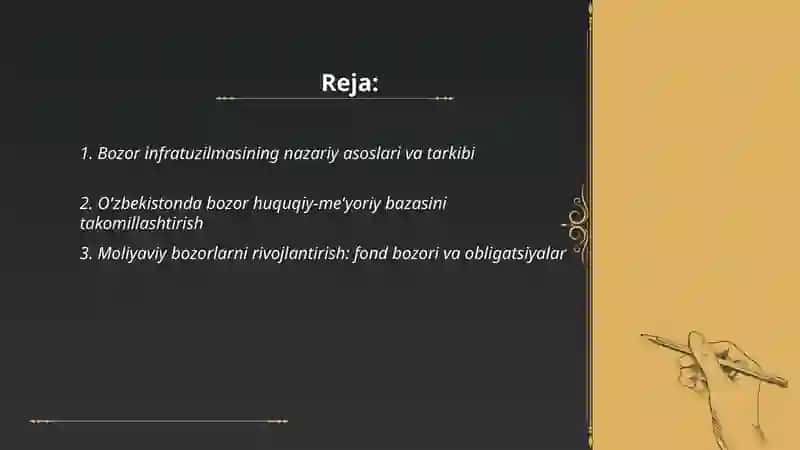 Bozor infratuzilmasi. O'zbekistonda rivojlangan infratuzilmani shakllantirish yoʻllari 2