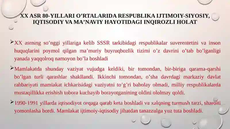 Kirish.   “XX asr 80-yillarida sovet davlatidagi siyosiy, iqtisodiy, ijtimoiy tanazzulining O‘zbekistonga ta’siri. O‘zbekistonning o‘ziga xos istiqlol va taraqqiyot yo‘li 2