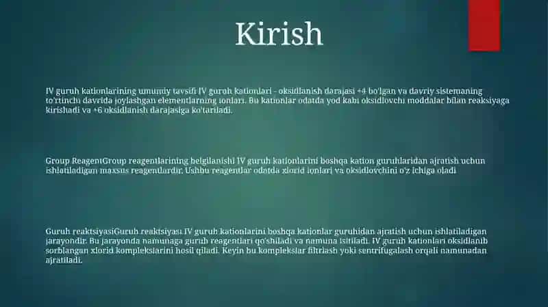 IV-Guruh Kationlarining Umumiy Tavsifi Va Guruh Reagentining Ta'Siri 2