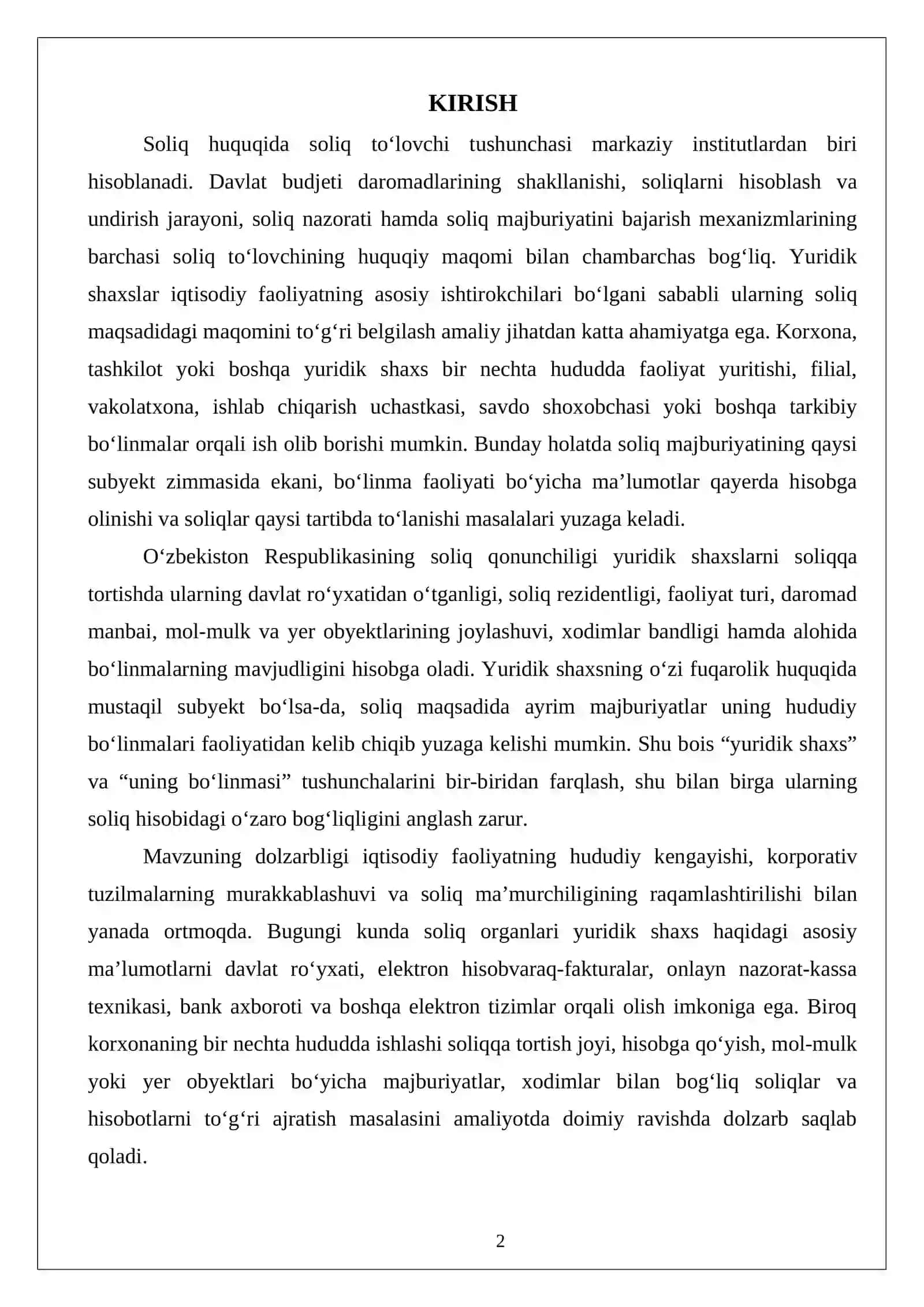 Soliq solish maqsadida soliq to‘lovchi yuridik shaxslar va ularning bo‘linmalari. 2