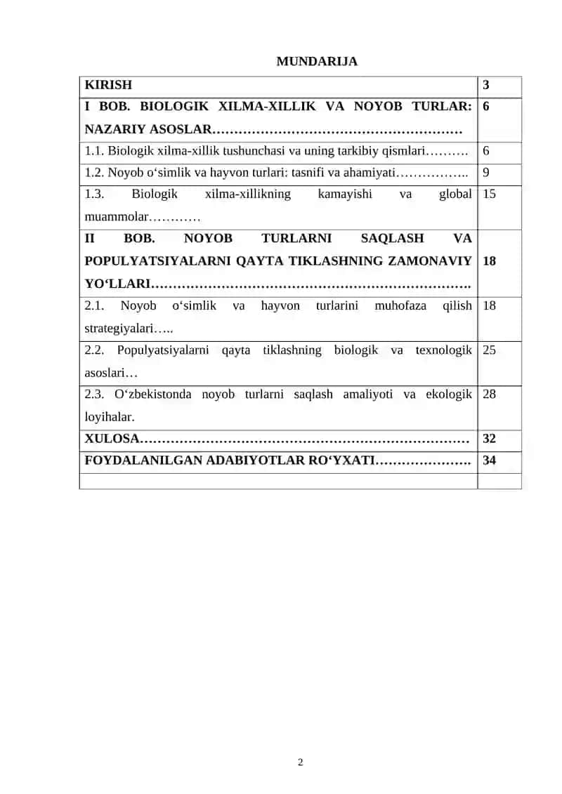 Biologik xilma xillikni noyob osimliklar va hayvonlarni asrash populyatsiyalarni qayta tiklash.docx 2