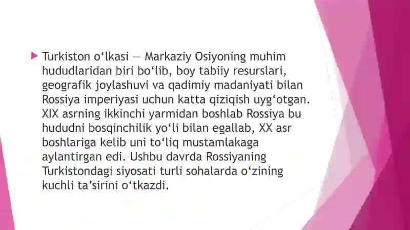 Rossiya imperiyasining Turkistondagi mustamlakachilik siyosati 2