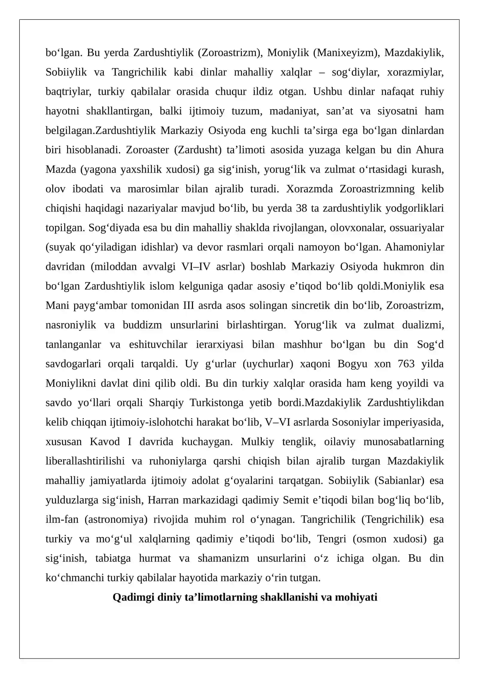 Zardushtiylik, Moniylik, Mazdakiylik, Sobiiylik, Tangrichilik va ularning mahalliy xalq orasida tutgan o‘rni 2