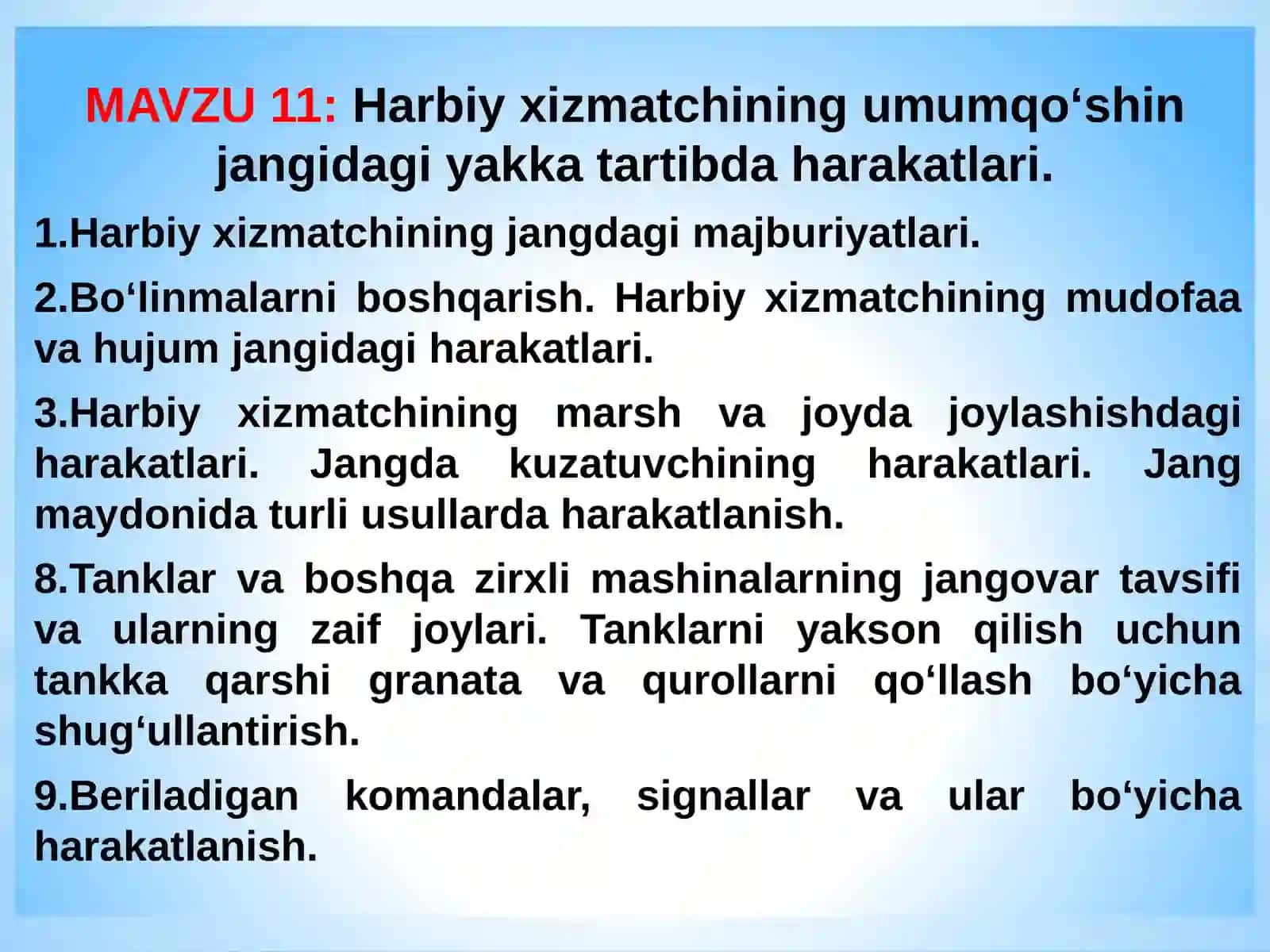 Harbiy xizmatchining umumqo‘shin jangidagi yakka tartibda harakatlari 2