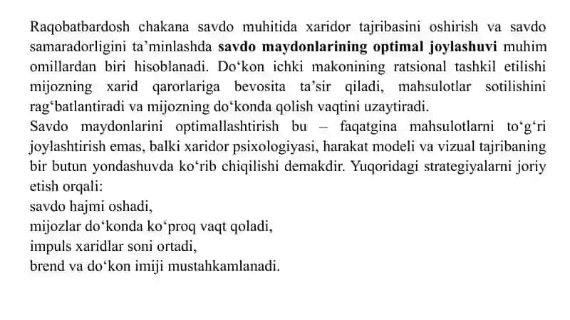 Savdo nuqtalarida savdo maydonlarini optimallashtirish strategiyalari 2