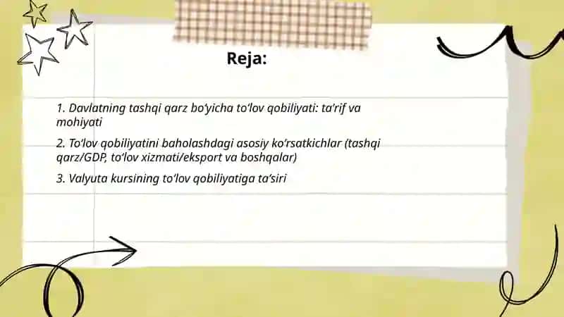 Davlatning tashqi qarz boʻyicha toʻlov qobiliyati 2